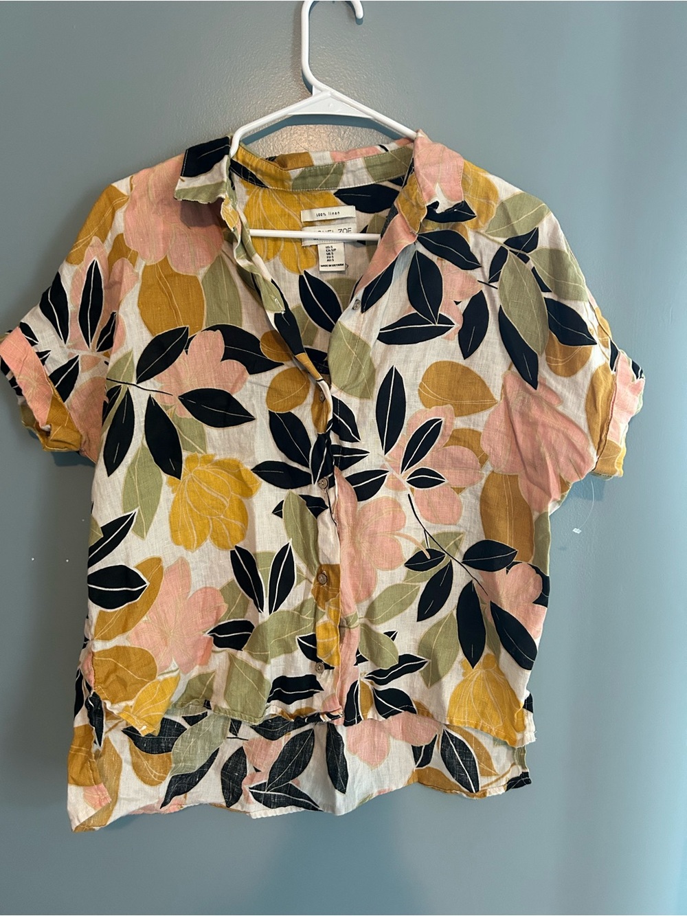 Rachel Zoe 100% Linen Floral Button-Front Top — Pink, Mustard, Olive, Black